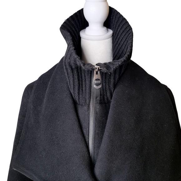 Mackage Nori 2-in-1 Black Wool Cashmere Double Collar Wrap Coat Leather Belt Zip - Picture 5 of 16